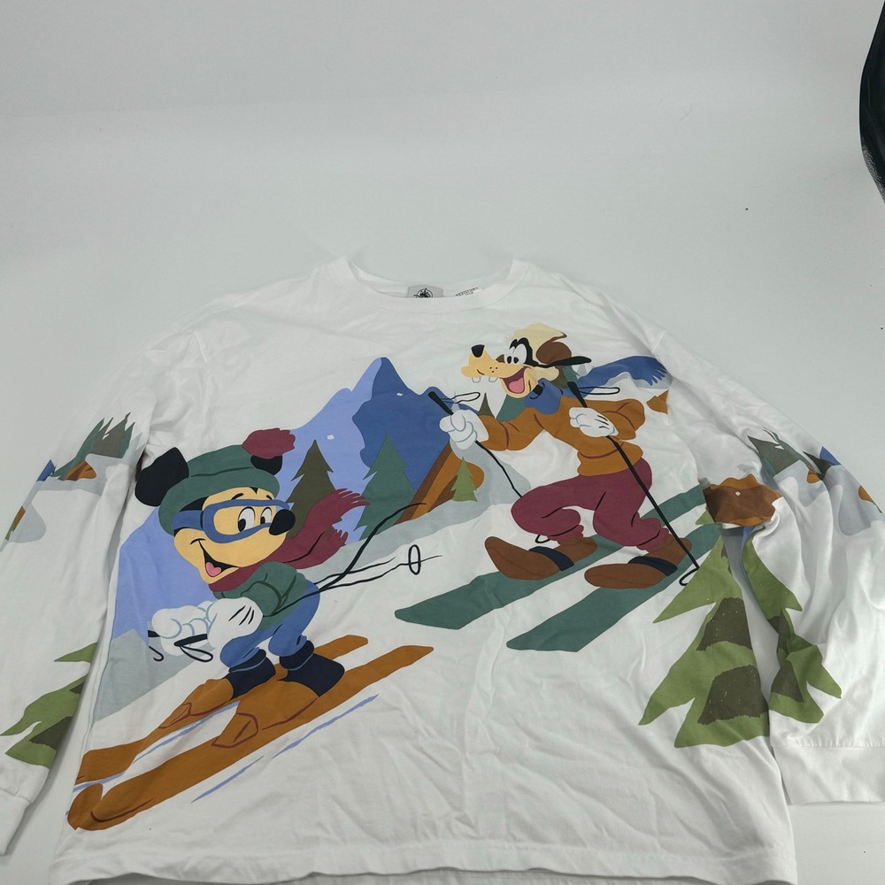 Disney Mickey Goofy Skiing Graphic Long Sleeve T Shirt White‎ Menswear